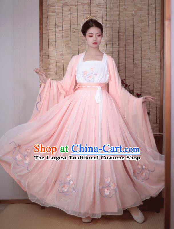 China Ancient Young Woman Pink Hanfu Dress Garments Traditional Song Dynasty Noble Beauty Historical Clothing Full Set