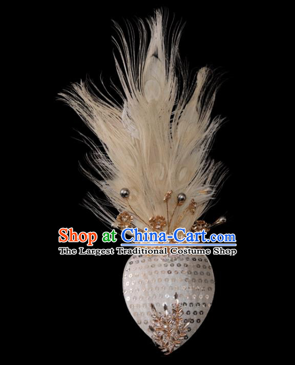 Professional China Dai Nationality Dance Hair Accessories Yunnan Ethnic Peacock Dance Beige Feather Headdress Children Dance Performance Hair Crown