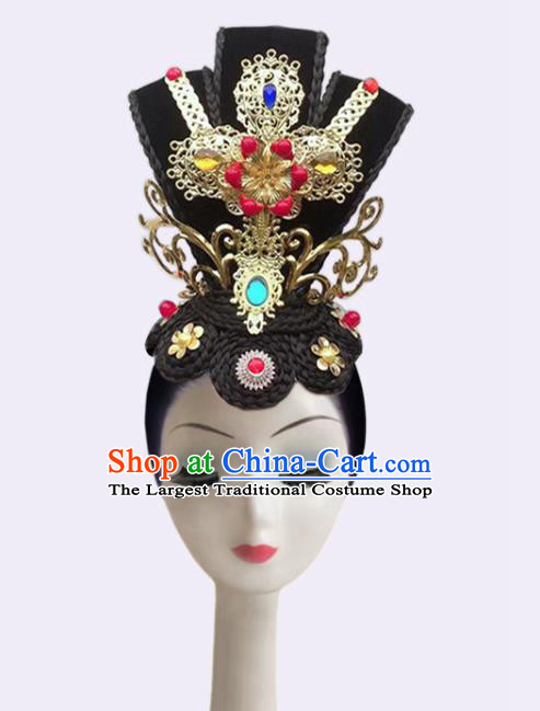 Handmade Chinese Flying Apsaras Dance Headpieces Woman Hanfu Dance Wigs Chignon Classical Dance Hair Accessories