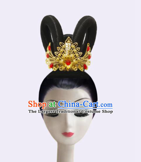 Handmade Chinese Stage Performance Hairpieces Woman Flying Apsaras Dance Wigs Chignon Classical Dance Hair Accessories