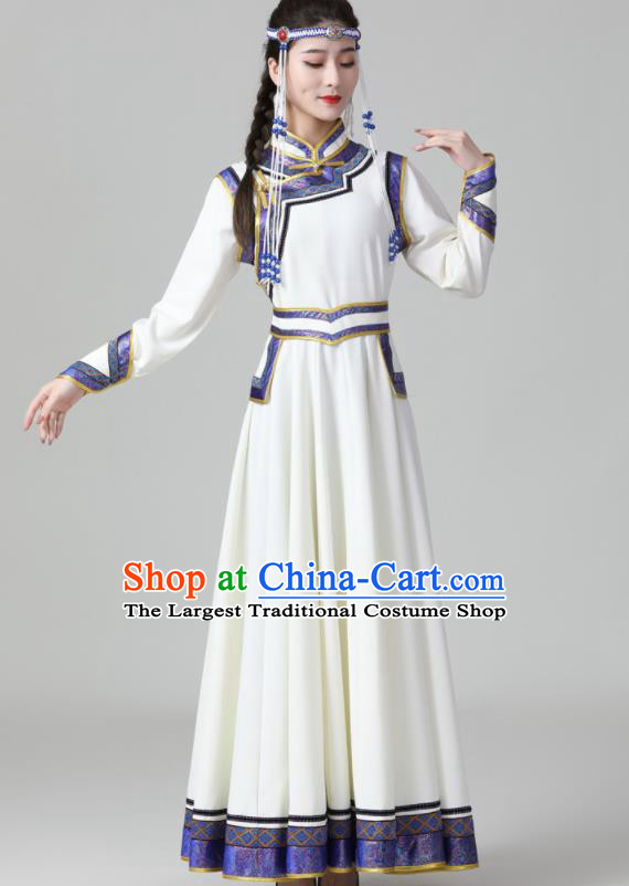 China Mongolian Performance White Dress Mongol Nationality Dance Clothing Woman Group Dance Garment Ethnic Costumes