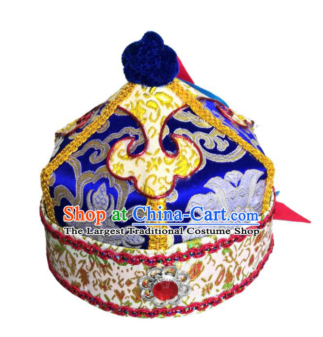 Chinese Mongol Nationality Prince Royalblue Hat Ethnic Boys Performance Headdress Mongolian Ethnic Dance Headpiece