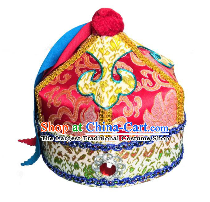 Chinese Ethnic Boys Performance Headdress Mongolian Ethnic Dance Headpiece Mongol Nationality Prince Red Hat