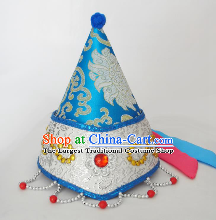 Chinese Mongolian Minority Children Headwear Mongol Nationality Girl Blue Hat Ethnic Dance Performance Headdress