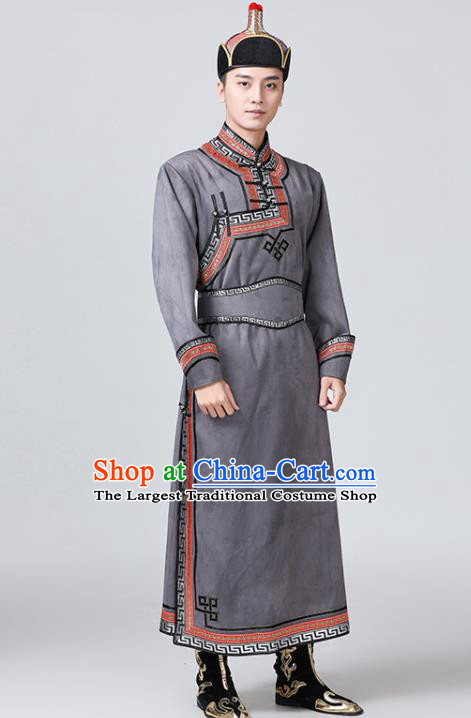 Chinese Mongolian Male Garment Costume Ethnic Minority Folk Dance Clothing Mongol Nationality Grey Suede Fabric Robe