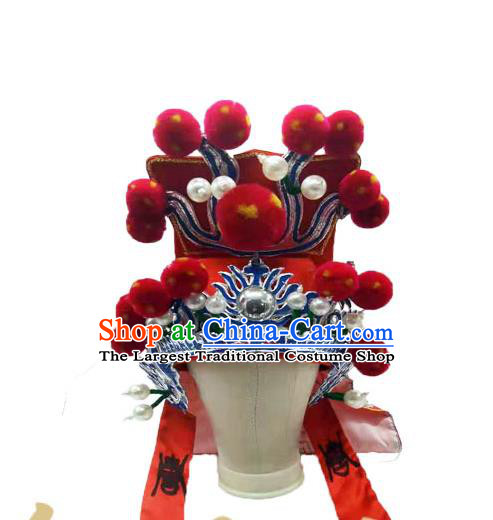 Chinese Peking Opera General Helmet Ancient Warrior Headdress Beijing Opera Wusheng Red Hat Headwear
