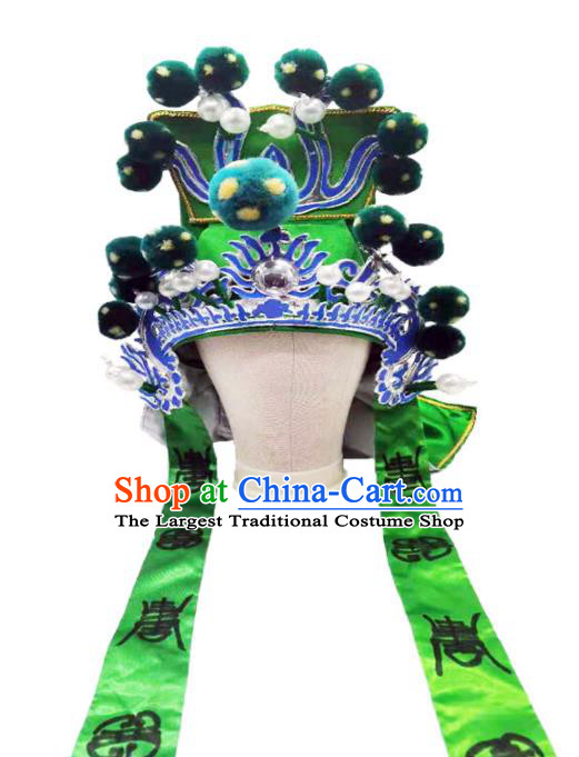 Chinese Beijing Opera Wusheng Green Hat Headwear Peking Opera General Helmet Ancient Warrior Headdress