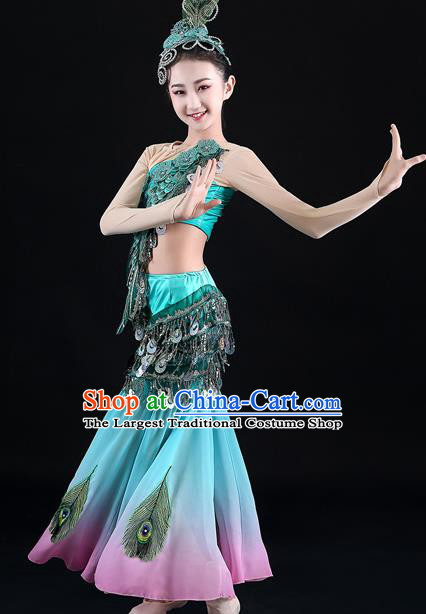 Chinese Dai Nationality Children Clothing Ethnic Folk Dance Fashion Yunnan Minority Peacock Dance Performance Blue Dress Uniforms