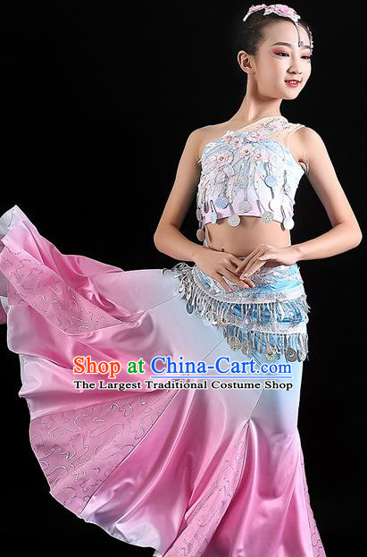 Chinese Ethnic Folk Dance Fashion Yunnan Minority Peacock Dance Pink Dress Uniforms Dai Nationality Children Performance Clothing