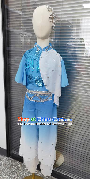 Chinese Yangko Dance Clothing Children Performance Blue Uniforms Folk Dance Outfits Girl Fan Dance Costumes