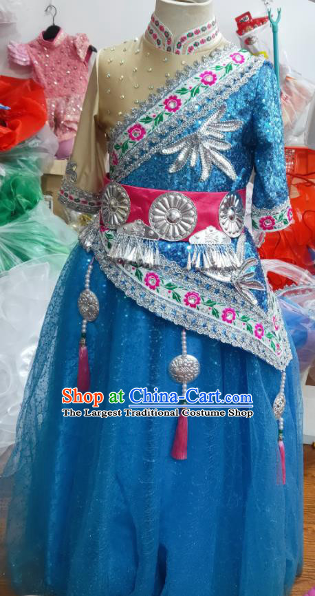 Chinese Mongol Minority Performance Blue Dress Uniforms Mongolian Nationality Girl Clothing Ethnic Children Folk Dance Garments