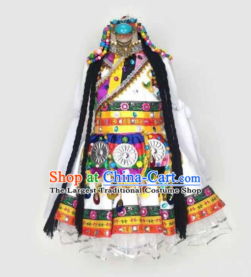 Chinese Ethnic Children Folk Dance Garments Zang Minority Performance White Dress Tibetan Nationality Girl Clothing and Hair Accessories