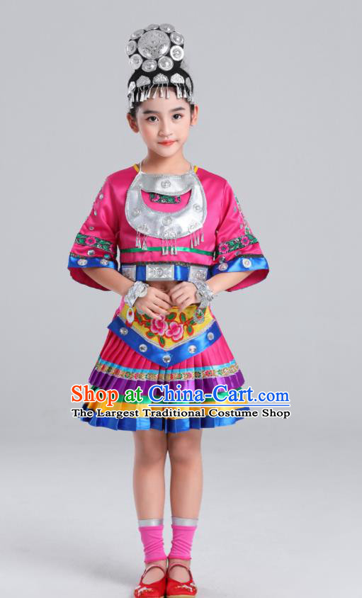 Chinese Ethnic Children Performance Garments Hmong Minority Girl Rosy Dress Outfits Miao Nationality Folk Dance Clothing