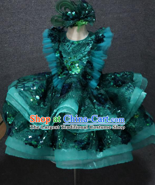 Top Children Stage Show Clothing Girl Dance Performance Garment Catwalks Green Flowers Bubble Dress Christmas Formal Evening Wear