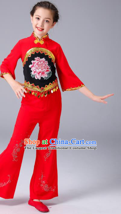 Chinese Folk Dance Costumes Fan Dance Dress Yangge Performance Clothing Children Yangko Dance Red Uniforms