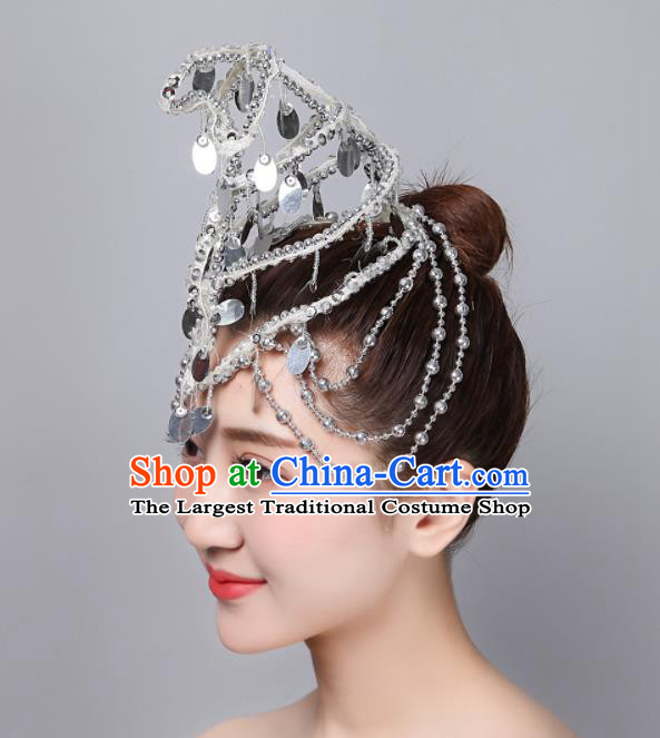 China Woman Opening Dance Argent Tassel Hair Stick Folk Dance Hair Accessories Yangko Dance Headdress