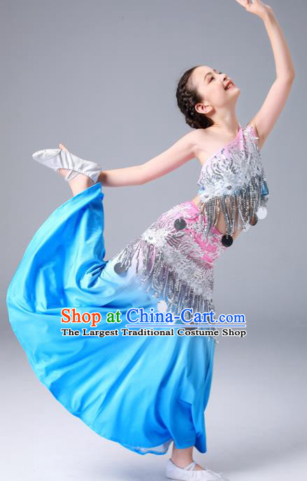 Chinese Ethnic Children Pavane Performance Garments Yunnan Minority Girl Dance Dress Outfits Dai Nationality Peacock Dance Clothing