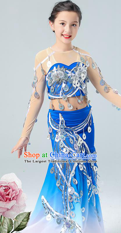 Chinese Dai Nationality Folk Dance Clothing Ethnic Children Performance Garments Yunnan Minority Girl Peacock Dance Blue Dress Outfits