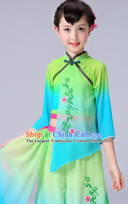 Chinese Yangge Performance Clothing Children Yangko Dance Green Chiffon Uniforms Folk Dance Costumes Girl Fan Dance Dress