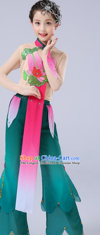 Chinese Children Yangko Dance Uniforms Folk Dance Costumes Girl Lotus Dance Dress New Year Performance Green Clothing