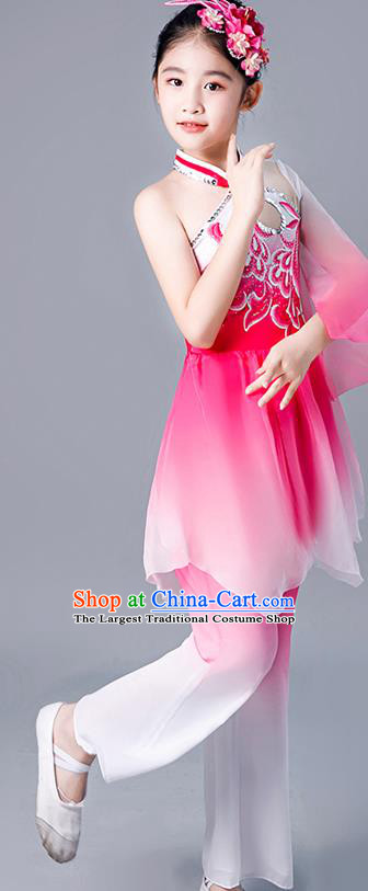 China Umbrella Dance Clothing Fan Dance Rosy Chiffon Uniforms Children Classical Dance Costumes Girl Stage Performance Dancewear