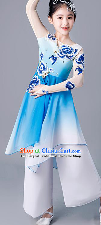 China Stage Performance Dancewear Girl Umbrella Dance Clothing Fan Dance Blue Uniforms Children Classical Dance Costumes