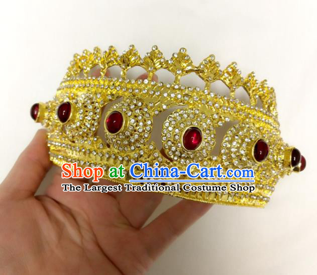 Asian Stage Performance Hair Accessories Thailand Queen Golden Royal Crown Folk Dance Tiara Headpiece