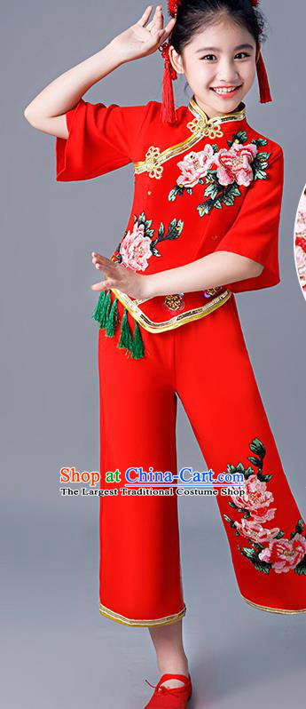 Chinese Yangko Dance Costumes Girl Drum Dance Dress New Year Performance Clothing Children Folk Dance Red Uniforms