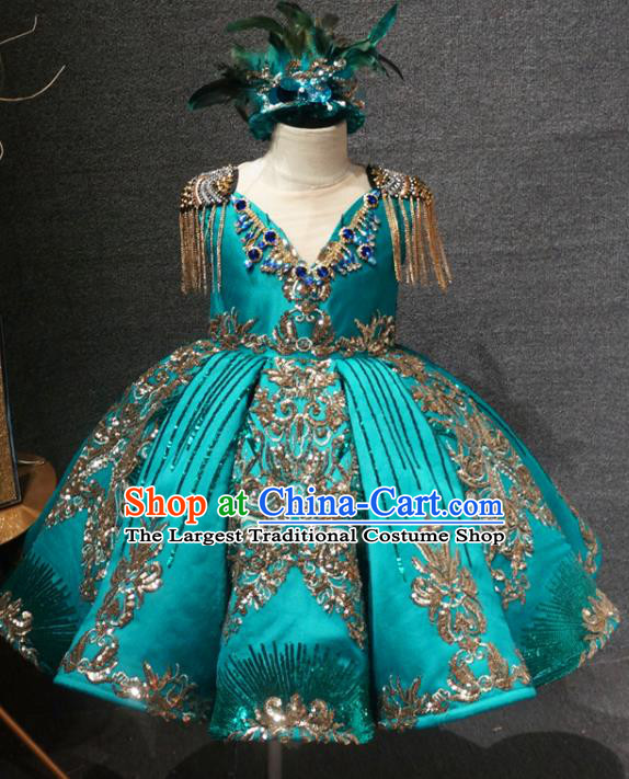 Top Catwalks Green Short Dress Christmas Baroque Princess Evening Wear Children Compere Clothing Girl Stage Show Formal Garment