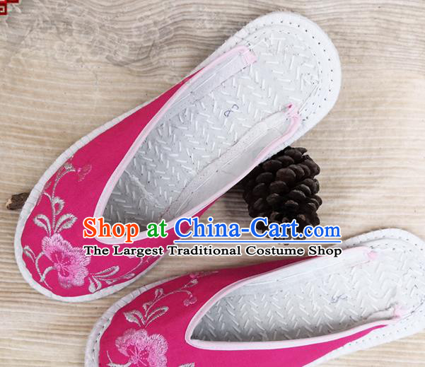 Chinese Woman Strong Cloth Slippers National Rosy Flax Shoes Handmade Embroidery Flowers Shoes