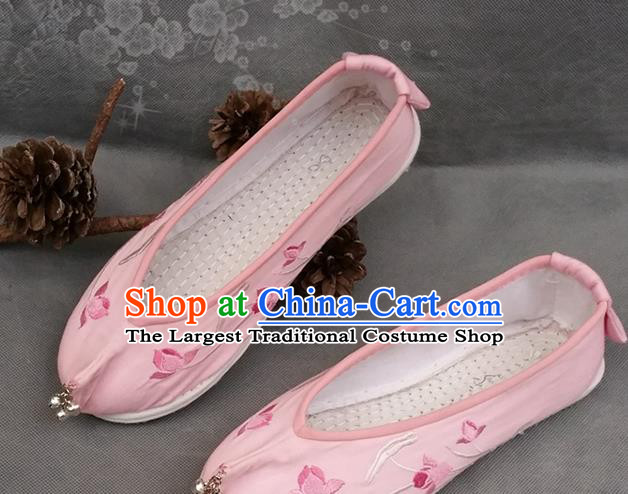 Handmade China National Woman Pink Satin Shoes Yunnan Ethnic Embroidered Shoes Folk Dance Shoes