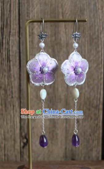 China Handmade Silver Ear Accessories Suzhou Embroidered Sakura Purple Earrings National Cheongsam Ear Jewelry