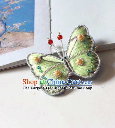 Handmade China Embroidered Green Butterfly Hair Stick Classical Qipao Pearls Hair Accessories