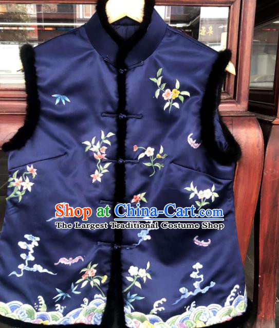 Chinese Traditional Tang Suit Upper Outer Garment Suzhou Embroidered Cotton Padded Vest National Navy Silk Waistcoat