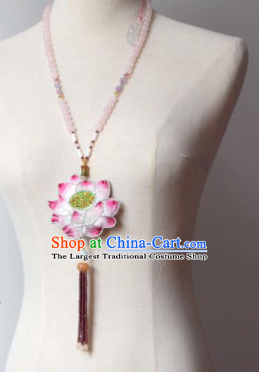 Handmade China Classical Garnet Beads Tassel Necklace Accessories Embroidered Pink Lotus Necklet