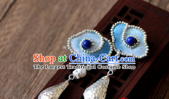 China National Cheongsam Ear Jewelry Handmade Silver Ear Accessories Suzhou Embroidered Blue Cloud Earrings