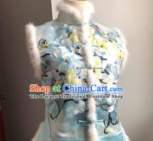 Chinese Traditional Tang Suit Upper Outer Garment National Woman Blue Silk Vest Suzhou Embroidered Mangnolia Waistcoat