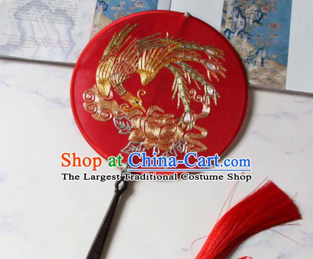 Chinese Suzhou Embroidered Phoenix Peony Fan Traditional Wedding Fan Classical Bride Palace Fan Handmade Red Silk Circular Fan