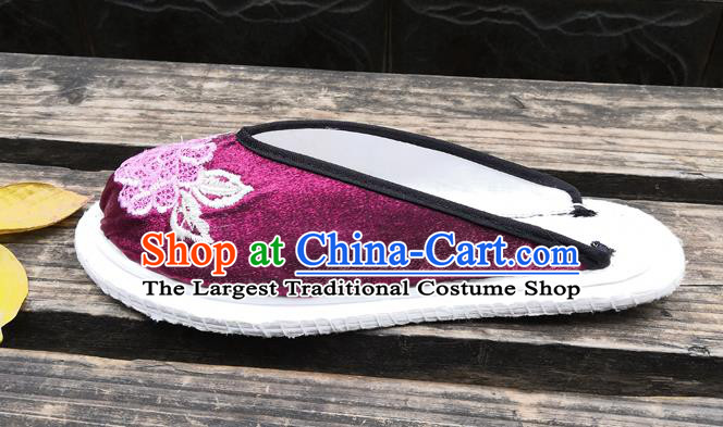 Chinese National Shoes Handmade Embroidery Purple Satin Shoes Woman Slippers