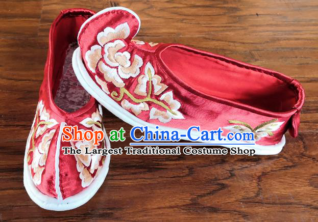 Handmade China Wedding Bride Embroidered Shoes National Woman Cloth Shoes Yunnan Ethnic Red Satin Shoes