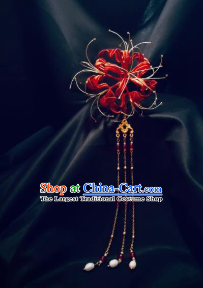 China Handmade Red Spider Lily Hairpin Traditional Tang Dynasty Hanfu Hair Accessories Ancient Goddess Tassel Hair Stick