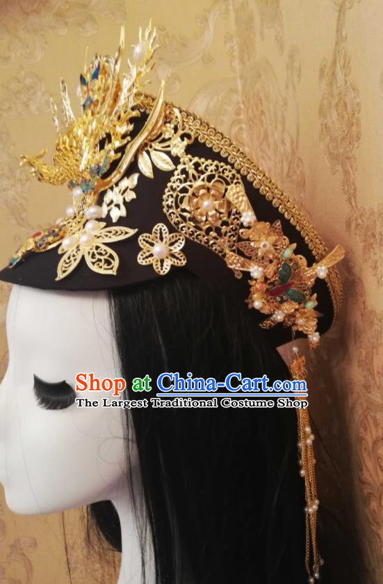 China Handmade Qing Dynasty Manchu Queen Hair Crown Traditional Empresses in the Palace Court Headdress Ancient Court Woman Golden Phoenix Hat Headwear