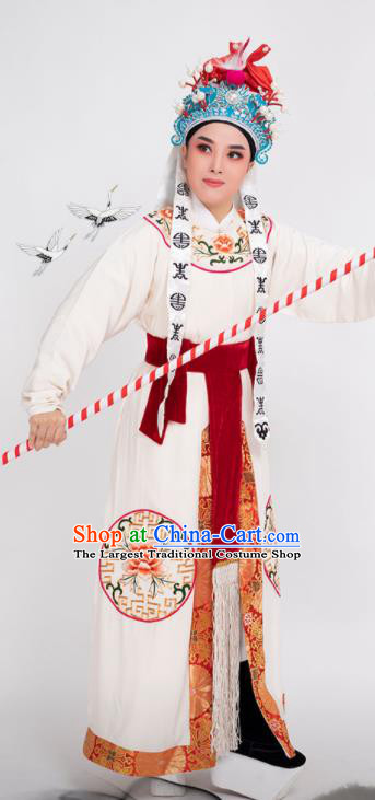 China Beijing Opera Wusheng Clothing Traditional Yue Opera Young Male Garment Peking Opera Warrior White Robe Costume