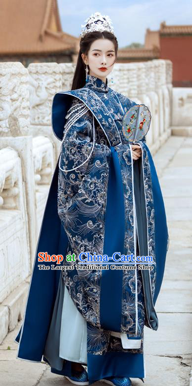 China Ancient Imperial Consort Embroidered Blue Hanfu Dress Traditional Southern and Northern Dynasties Princess Historical Garment Costumes