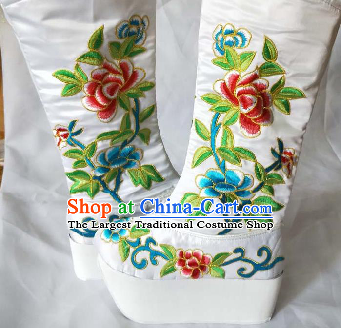 China Beijing Opera Embroidered Peony Shoes Sichuan Opera Female General White Satin Boots Traditional Peking Opera Shoes