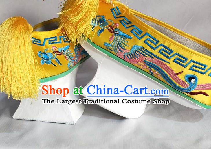 China Traditional Peking Opera Diva Shoes Beijing Opera Hua Tan Embroidered Phoenix Shoes Qing Dynasty Empress Yellow Satin Shoes