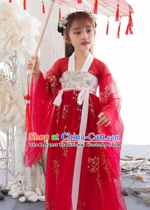 China Ancient Girl Princess Fashion Costumes Traditional Tang Dynasty Clothing Children Dance Red Hanfu Dress