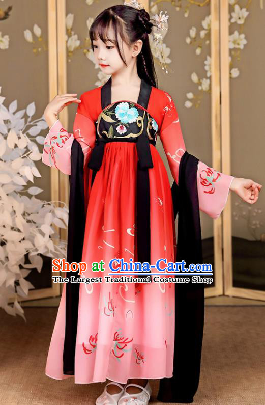 China Tang Dynasty Girl Princess Clothing Children Stage Show Garment Costumes Traditional Red Hanfu Dress