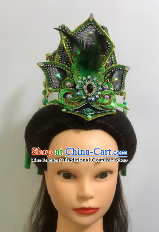 China Traditional Peking Opera Niche Headpiece Beijing Opera Xiaosheng Green Feather Hair Crown Fujian Gezi Opera Prince Headwear