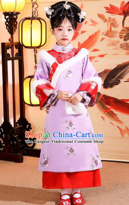 China Children Stage Show Winter Costumes Traditional Court Kid Violet Qipao Dress Qing Dynasty Girl Princess Clothing